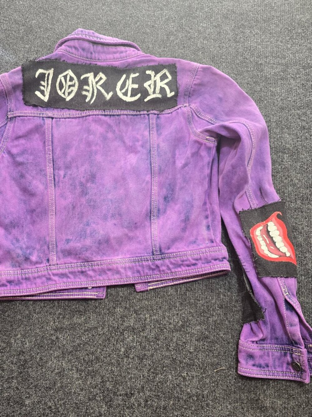 Decree Custom Joker Denim Jacket Jr Size Small Purple Studded Patches Distressed